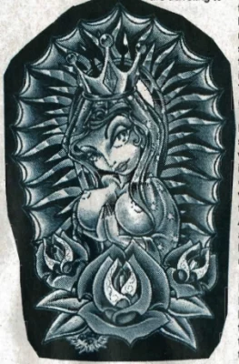 A printed copy of a tattoo done by Rich Dohoney of Big Deluce Tattoo in Salt Lake City, Utah, originally printed in SLUG Magazine in February 2004, Issue 182.
